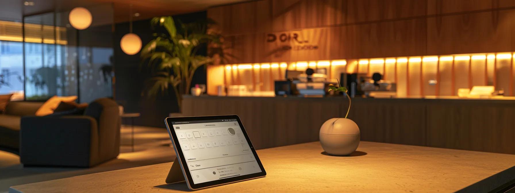 a sleek, modern office space showcases a tablet displaying an elegant online platform for booking unique b&bs, illuminated by soft, ambient lighting that emphasizes a user-friendly interface and a sense of secure convenience. a sleek, modern office space showcases a tablet displaying an elegant online platform for booking unique b&bs, illuminated by soft, ambient lighting that emphasizes a user-friendly interface and a sense of secure convenience.