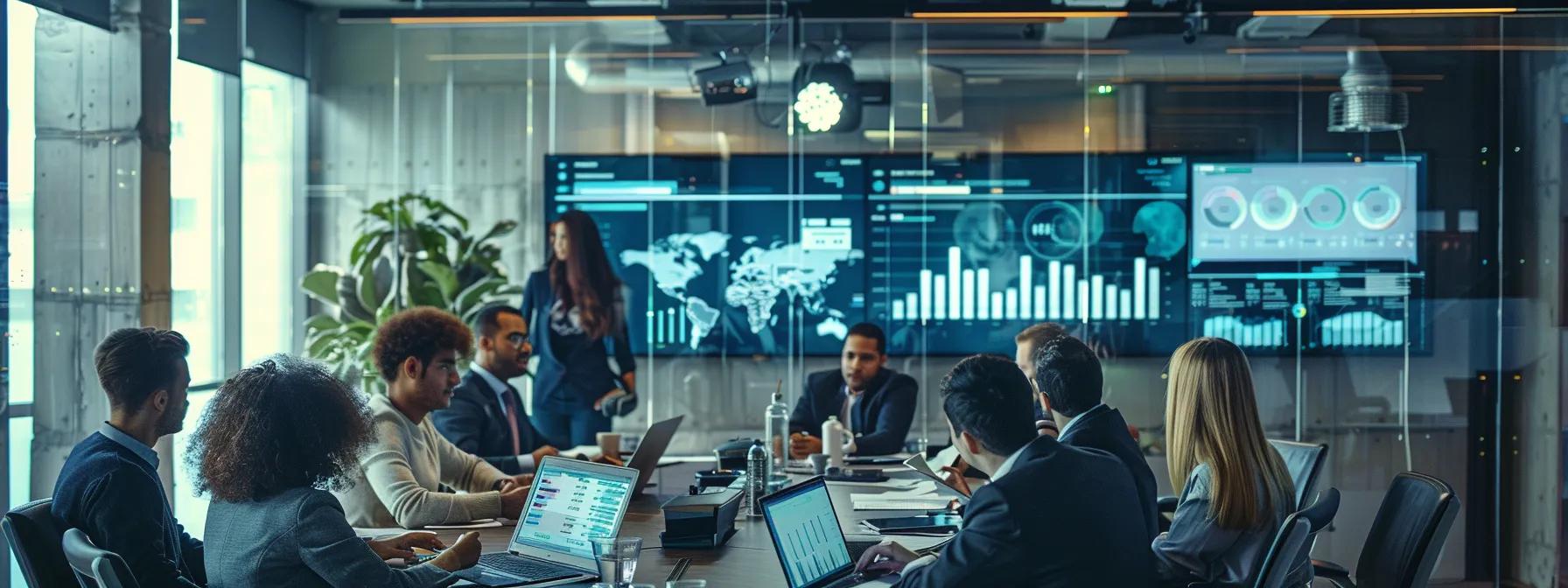 a sleek, modern office space showcases a dynamic digital dashboard displaying personalized ai ranking metrics, with a diverse group of professionals engaged in animated discussion around a high-tech conference table.