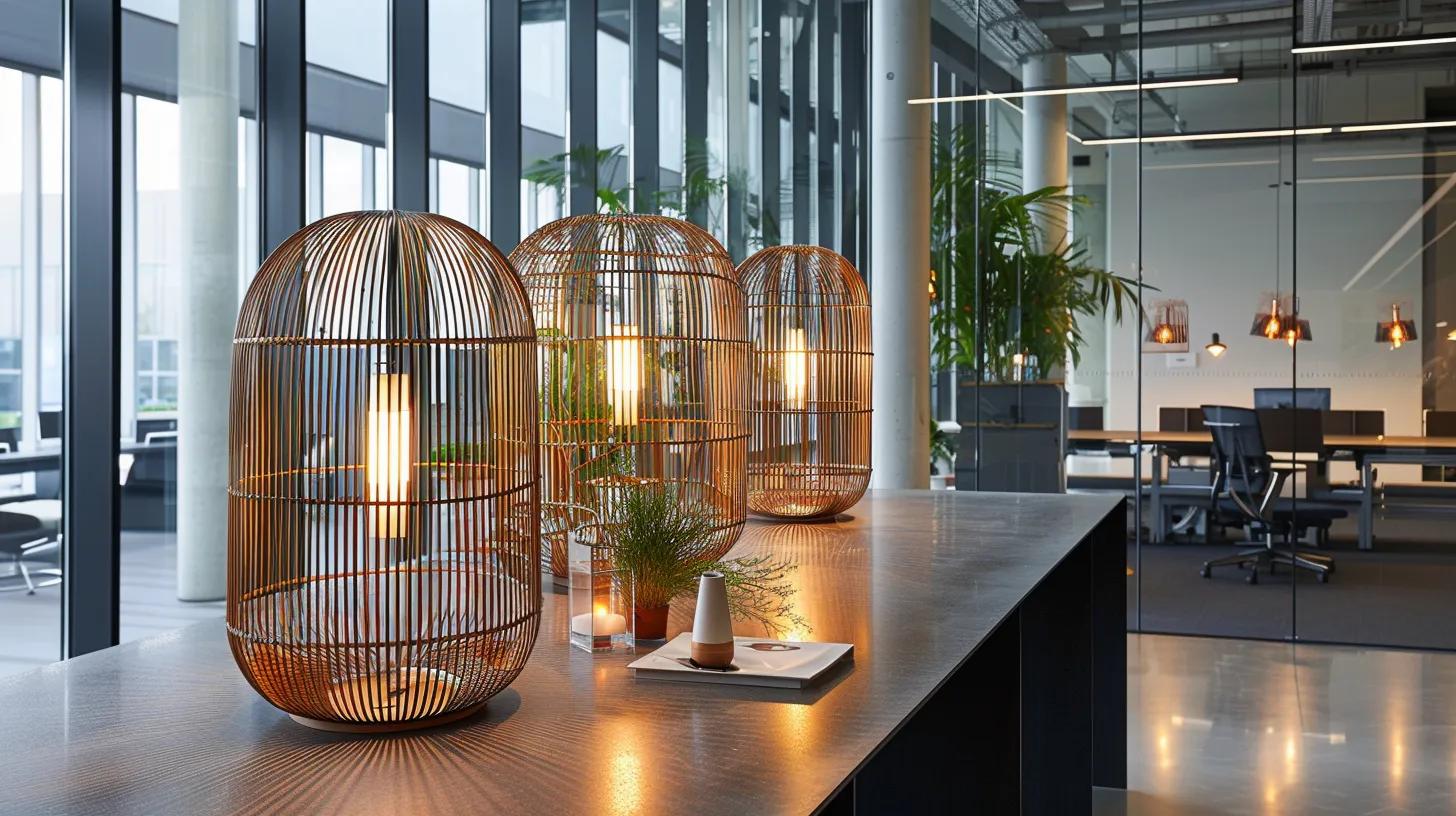 a sleek, modern office space showcases a vibrant array of high-quality bird cage lighting products arranged on a polished table, each illuminating the intricate details of stylish bird cages while reflecting a professional atmosphere. a sleek, modern office space showcases a vibrant array of high-quality bird cage lighting products arranged on a polished table, each illuminating the intricate details of stylish bird cages while reflecting a professional atmosphere.
