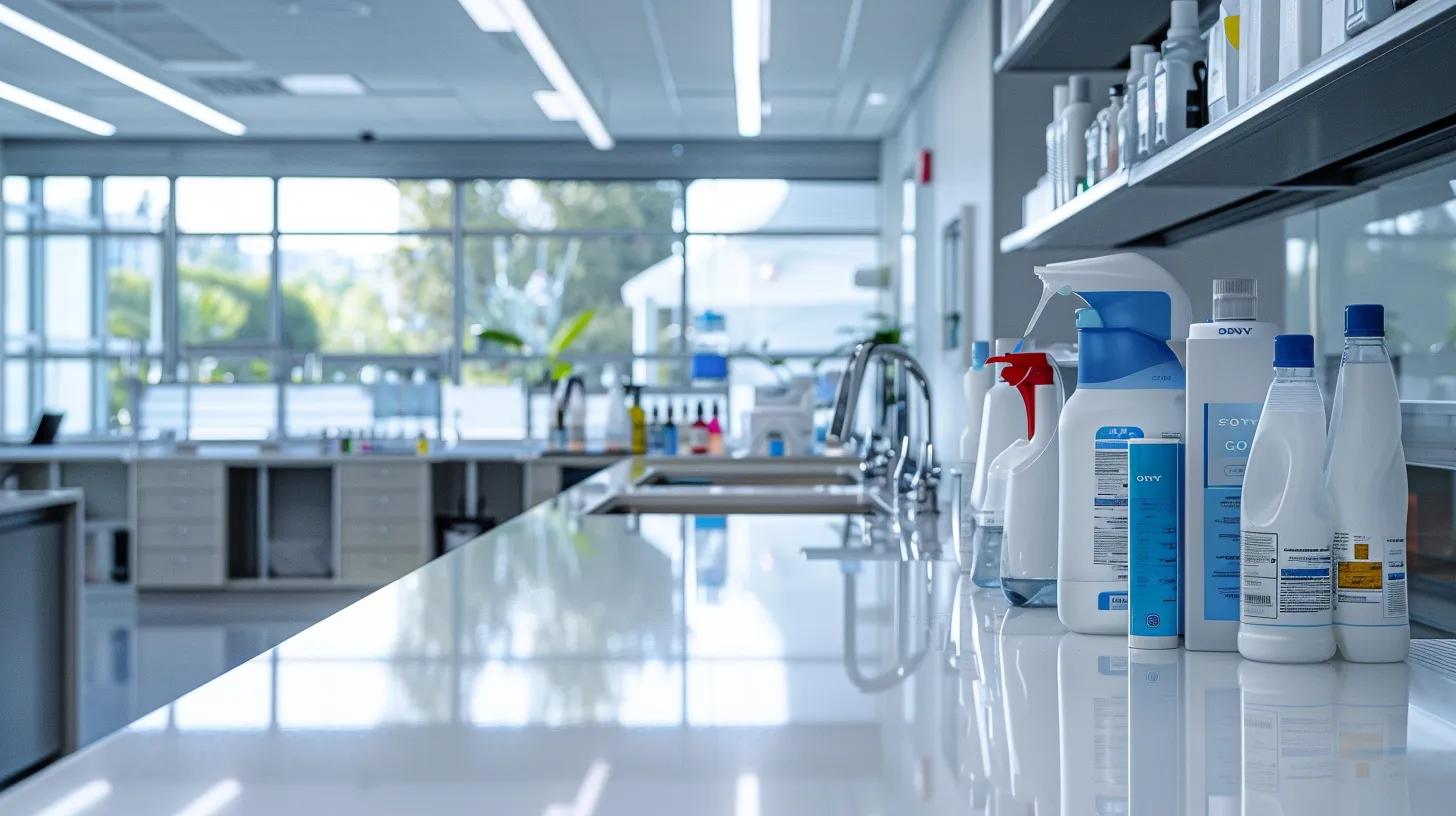 a sleek, modern office space showcases various industry-specific cleaning solutions displayed on polished countertops, with visually engaging labels and organized product groupings representing healthcare, hospitality, manufacturing, and education sectors. a sleek, modern office space showcases various industry-specific cleaning solutions displayed on polished countertops, with visually engaging labels and organized product groupings representing healthcare, hospitality, manufacturing, and education sectors.