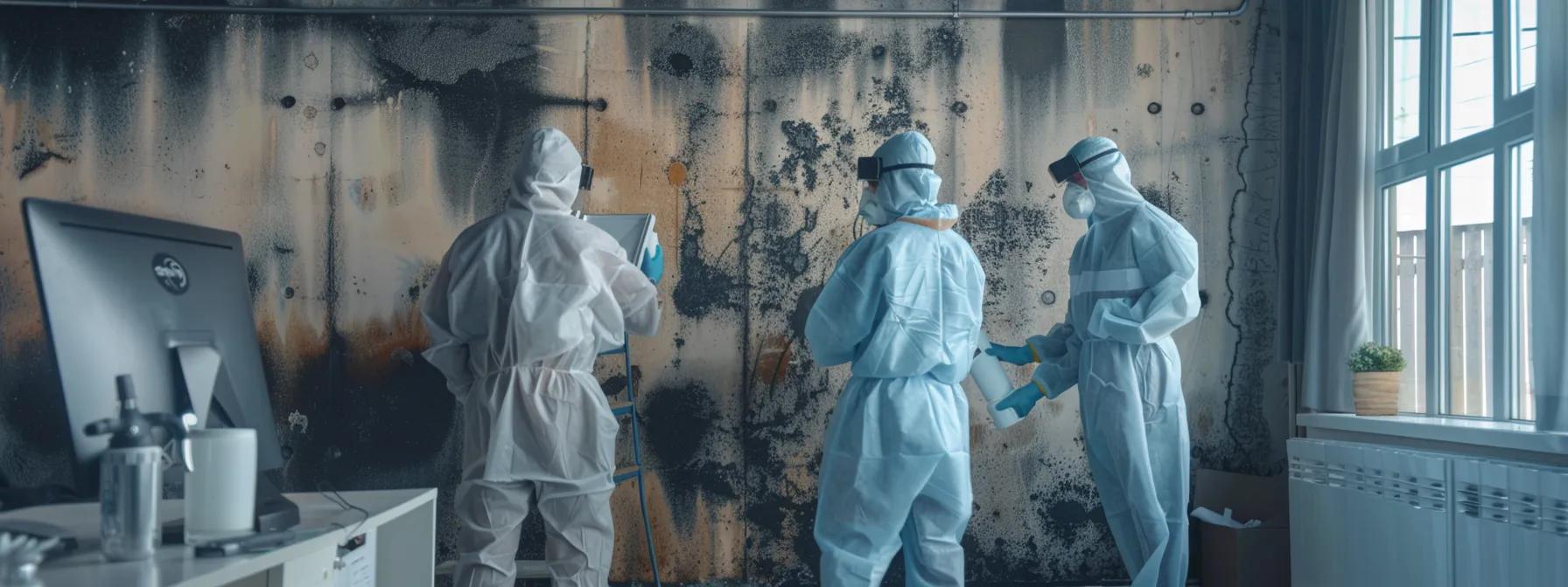 a sleek, modern office space showcases a professional mold removal team in action, equipped with high-tech gear, meticulously cleaning and restoring walls, emphasizing the importance of a safe, healthy indoor environment.
