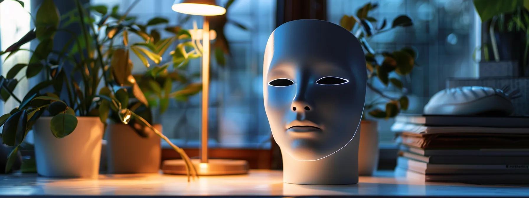 a sleek, modern office space showcases a well-lit, stylish led face mask displayed on a minimalist desk, emphasizing the harmony between advanced skincare technology and personal wellness goals.