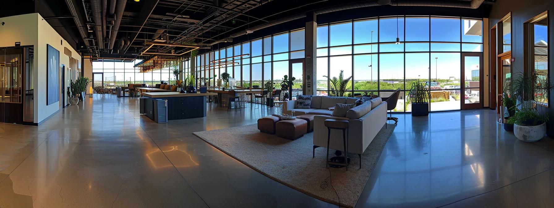 a sleek, modern office space showcases innovative architectural designs featuring green technology and eco-friendly materials, with large windows revealing energy-efficient systems in action, symbolizing the future of sustainable construction practices.