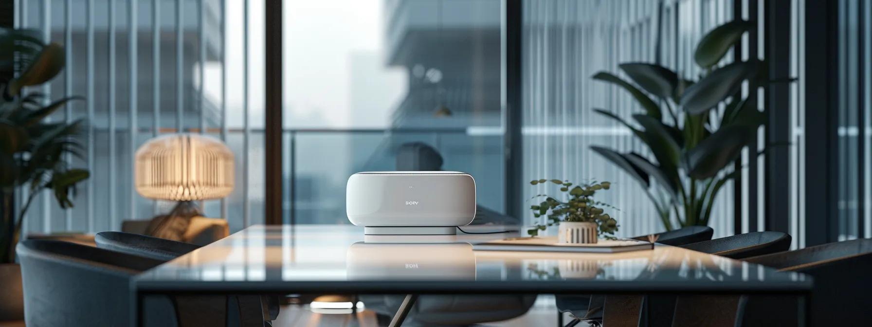 a sleek, modern office space showcases a high-tech led face mask displayed prominently on a polished glass table beneath soft, focused lighting, highlighting its innovative design and premium quality for 2023.