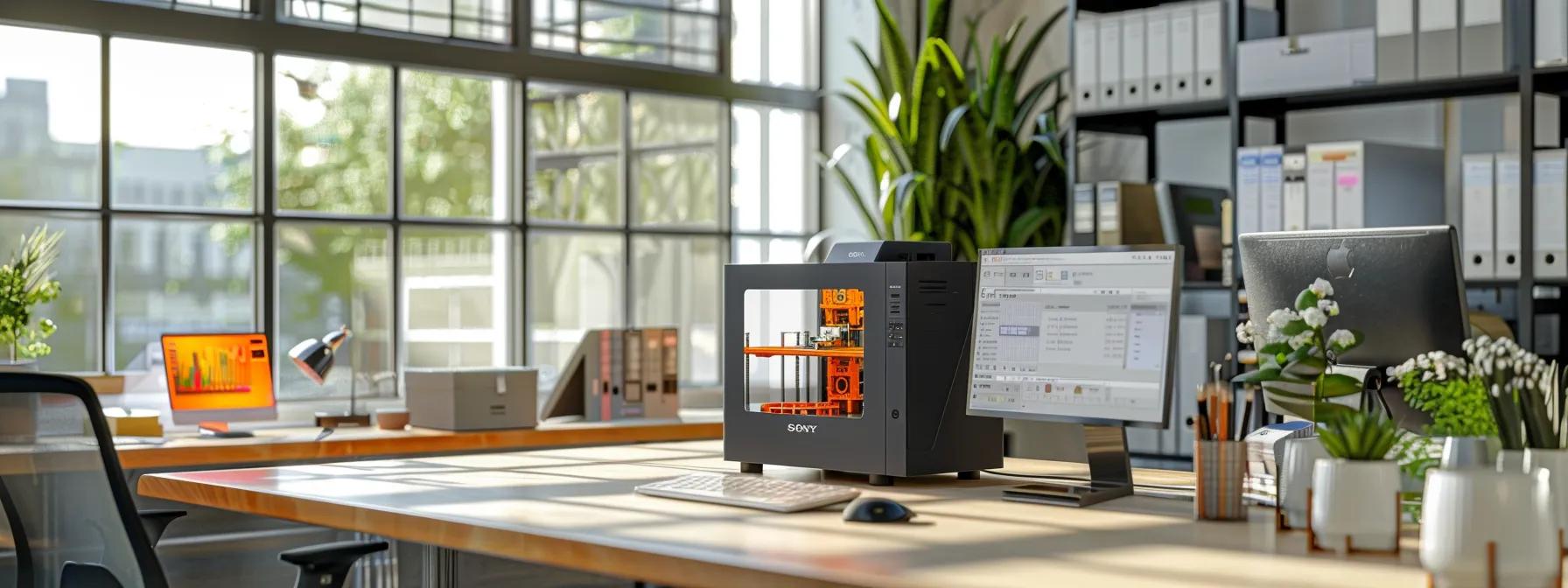 a sleek, modern office space showcasing a high-tech 3d printer in action, surrounded by colorful printed prototypes and informative charts detailing cost-effective 3d printing strategies.