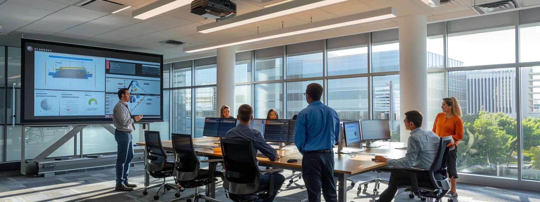 a sleek, modern office space with a large digital screen displaying a step-by-step solar panel installation guide, surrounded by a team of diverse professionals engaged in animated discussion and reviewing technical diagrams. a sleek, modern office space with a large digital screen displaying a step-by-step solar panel installation guide, surrounded by a team of diverse professionals engaged in animated discussion and reviewing technical diagrams.