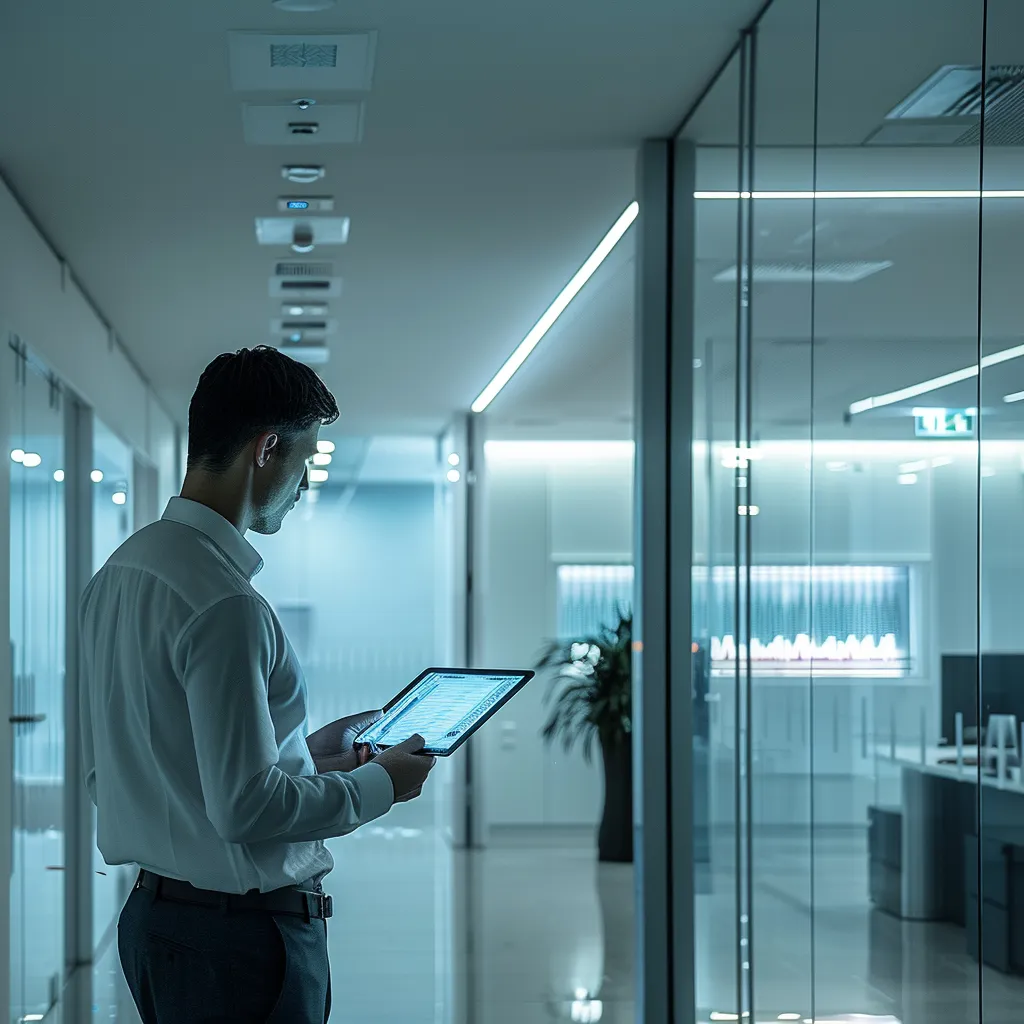a sleek, modern office with a minimalistic design showcases a focused professional examining data on a digital tablet, embodying efficiency and growth while surrounded by innovative technology.