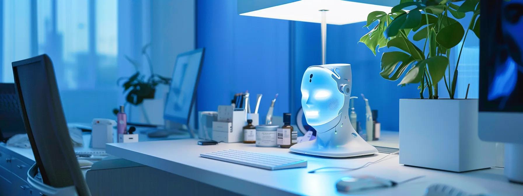 a sleek, modern office with a stylish led face mask prominently displayed on a sophisticated desk, surrounded by high-tech skincare tools, emphasizing the fusion of beauty and technology.