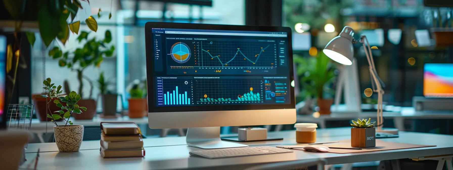 a sleek, modern office workspace showcases a vibrant computer screen displaying an engaging landing page design, while data analytics and conversion metrics illuminate the backdrop, emphasizing the importance of effective digital marketing strategies.
