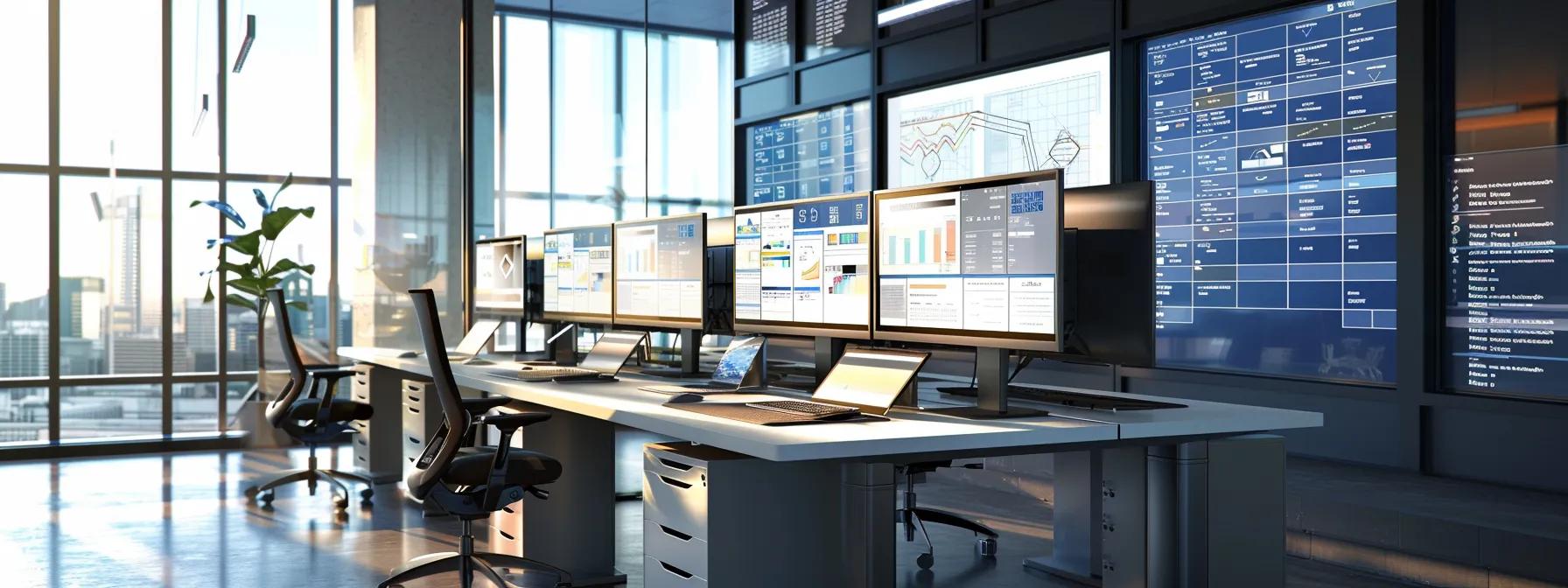 a sleek, modern office workspace features multiple monitors displaying a revit project interface, surrounded by organized folders and external backup drives, emphasizing efficient file management and data protection.