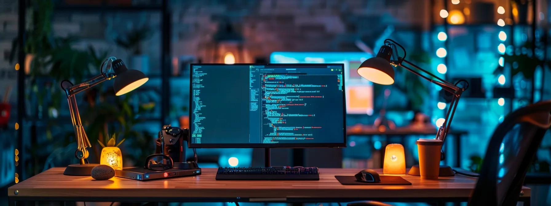 a sleek, modern office workspace features a computer screen displaying vibrant code and a sophisticated wordpress plugin interface, illuminated by focused desk lamps that emphasize the innovative development process.