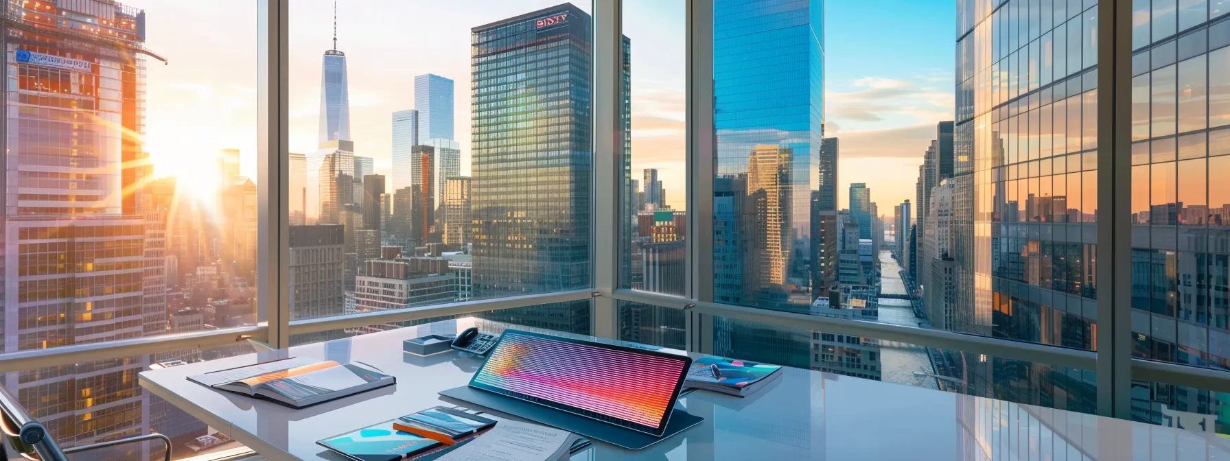 a sleek, modern office workspace features a neatly arranged collection of colorful pitch materials and a digital tablet displaying a vibrant media kit, all set against a backdrop of a bustling nyc skyline visible through large windows, highlighting the energy and opportunity of the television industry.