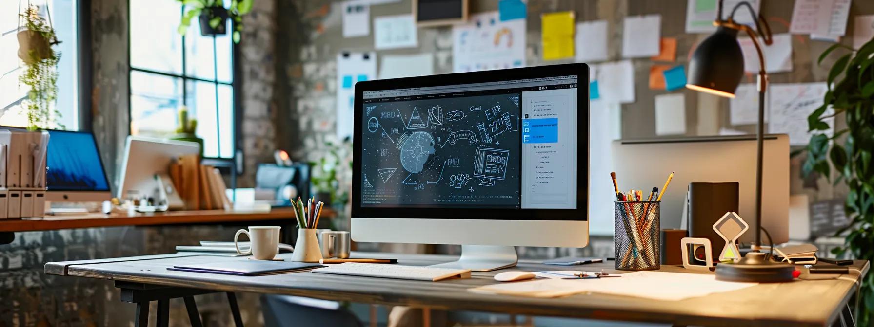 a sleek, modern office workspace featuring a high-tech computer setup displaying a vibrant and intricate custom wordpress theme, surrounded by design sketches and digital tools emphasizing innovative theme development.