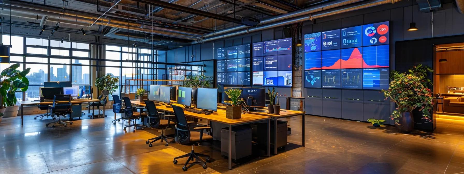 a sleek, modern office workspace filled with vibrant digital screens displaying colorful analytics and seo data, encapsulating the dynamic intersection of technology, strategy, and content success.