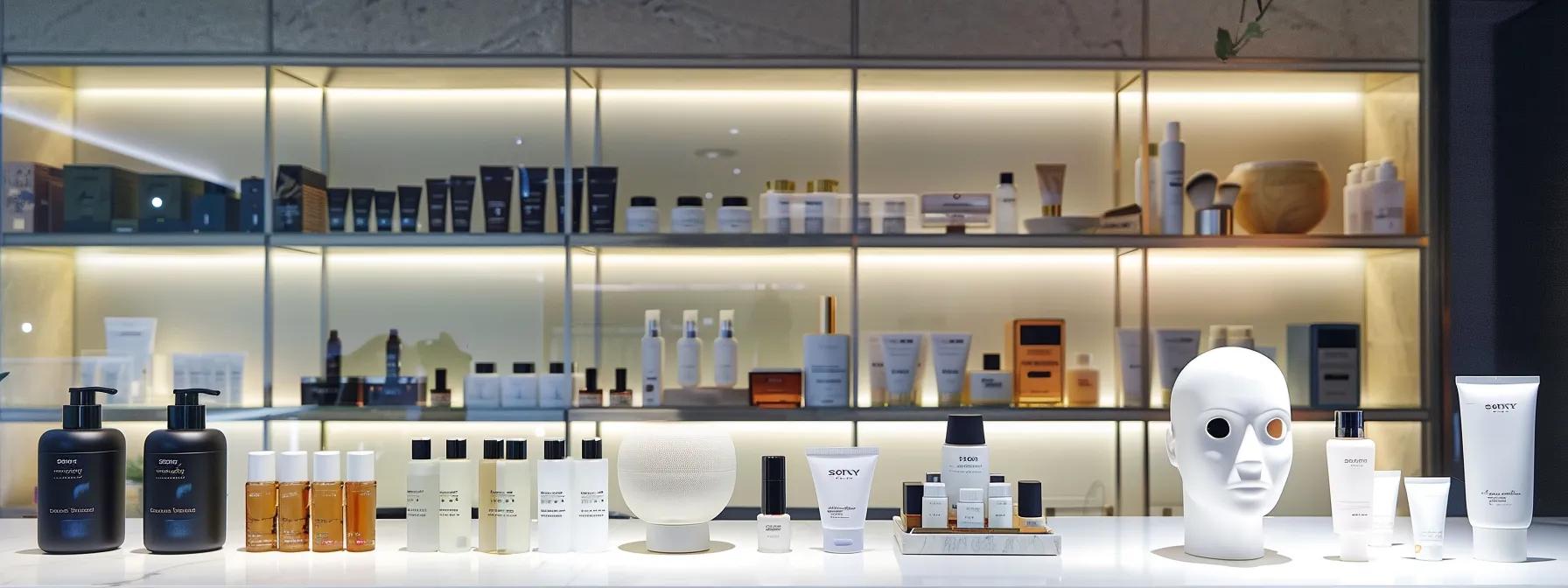 a sleek, modern office workspace showcases a contrasting display of luxurious skincare products on one side and a minimalist led mask on the other, symbolizing the financial implications of recurring skincare expenses versus low-maintenance technology.