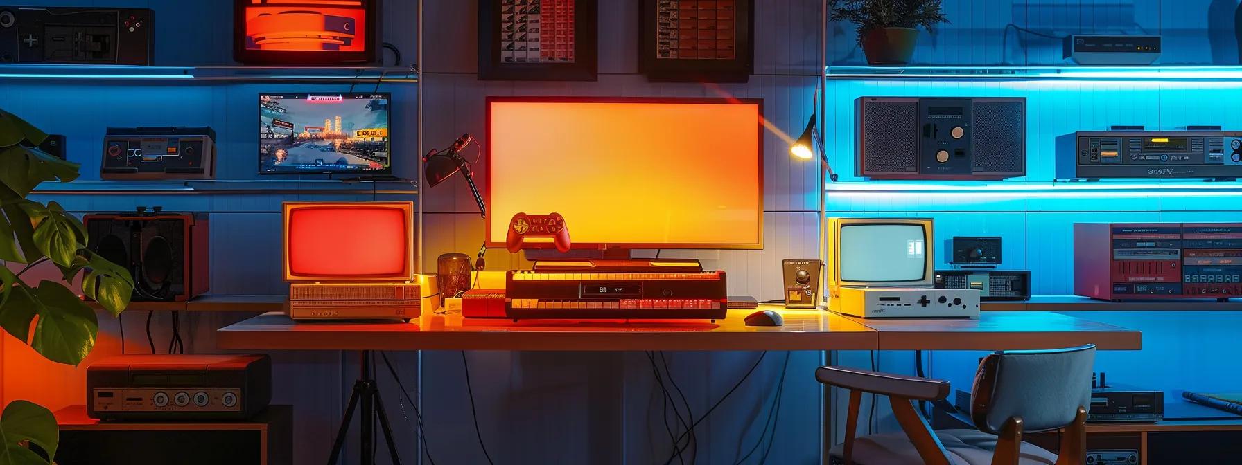 a sleek, modern office workspace showcases a vintage retro console on a polished desk, surrounded by a glowing array of user testimonials displayed on digital screens, capturing the essence of nostalgic gaming experiences and consumer insights. a sleek, modern office workspace showcases a vintage retro console on a polished desk, surrounded by a glowing array of user testimonials displayed on digital screens, capturing the essence of nostalgic gaming experiences and consumer insights.