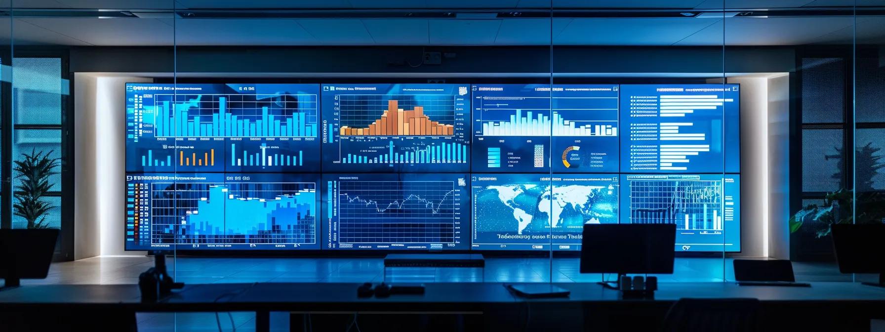 a sleek, modern office workspace features a large digital screen displaying infographics about cnc machining lead times and shipping logistics from china, illuminated by focused artificial lighting that highlights the professional atmosphere.