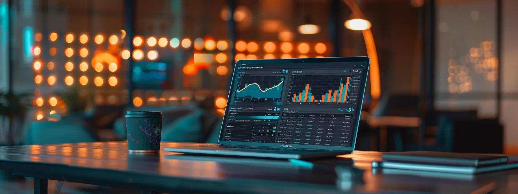 a sleek, modern office workspace features a laptop displaying an intuitive podcast distribution dashboard, with vibrant charts and analytics projected on a large screen, emphasizing the seamless integration of ai tools for efficient content publishing.