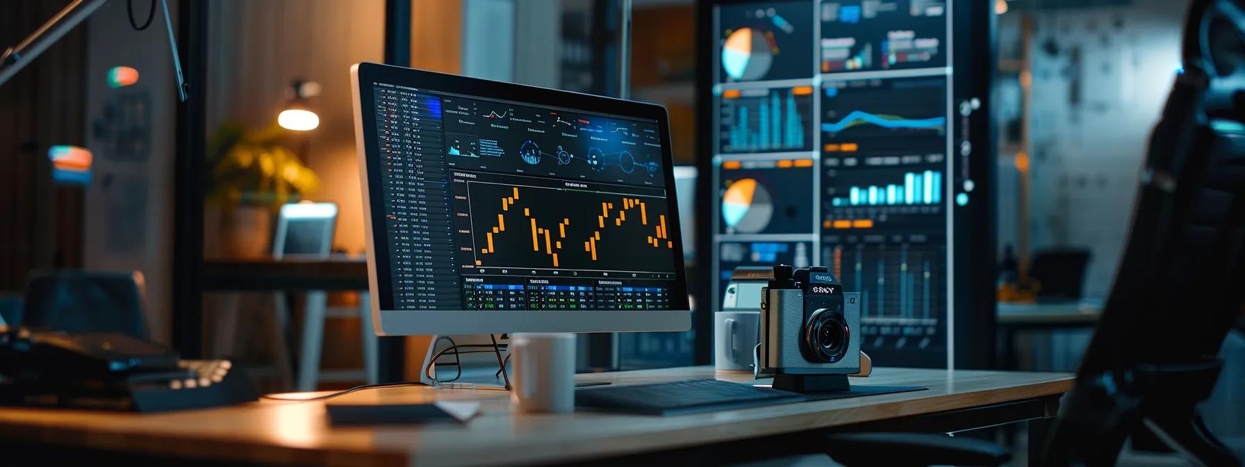 a sleek, modern office workspace features a high-tech computer setup displaying various ai podcast tools on the screen, surrounded by organized notes and vibrant digital charts, emphasizing the intricate decision-making process for selecting the right production software.