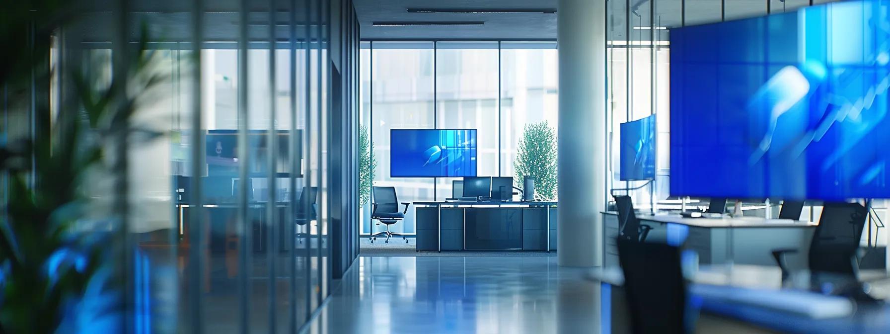 a sleek, modern office workspace filled with sophisticated technology and vibrant digital displays captures the essence of innovation and productivity in a bustling corporate environment.