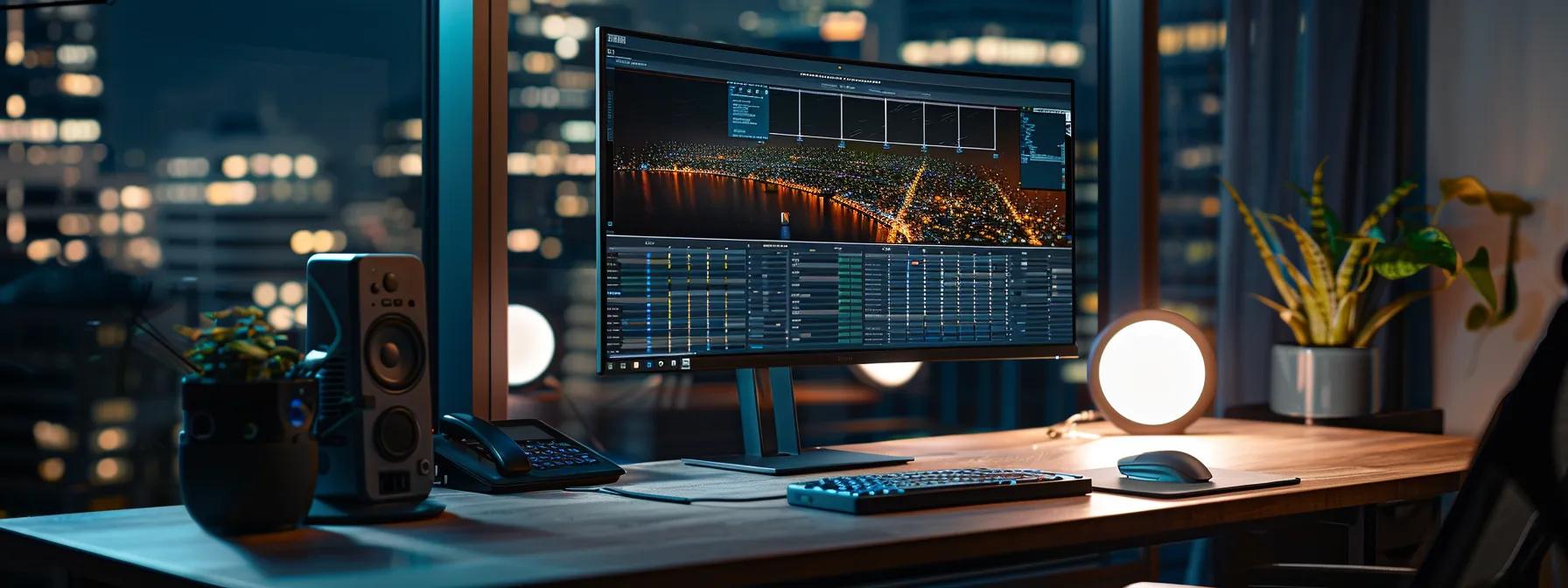 a sleek, modern office workspace featuring a high-tech computer monitor displaying a vibrant, interactive comparison chart of ai podcast tools, illuminated by focused desk lighting, conveying a sense of innovation and digital collaboration.