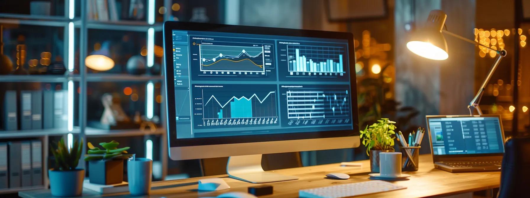 a sleek, modern office workspace features a large computer screen displaying an insightful website design dashboard, illuminated by soft, focused lighting, emphasizing the essential tools for building and optimizing digital marketing strategies.