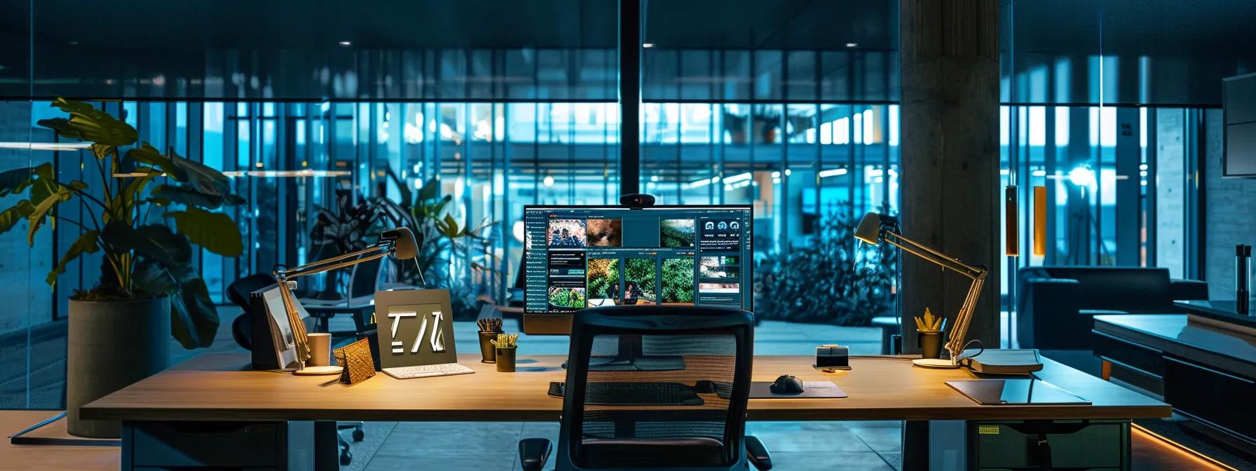 a sleek, modern office workspace features a vibrant computer screen displaying an eye-catching website design, surrounded by minimalist décor and soft, ambient lighting that emphasises a professional atmosphere of creativity and engagement.