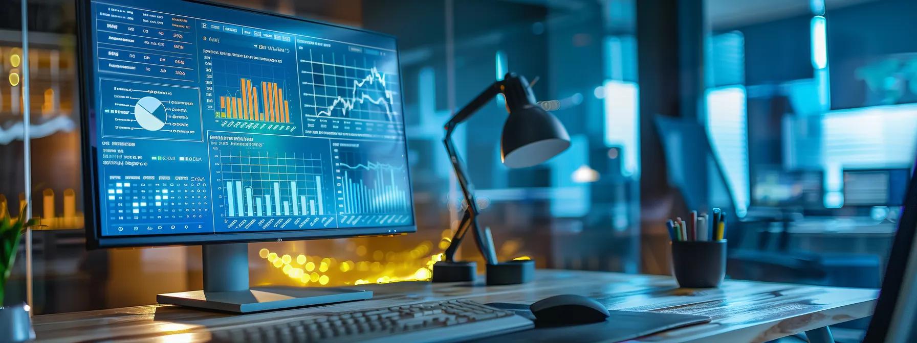 a sleek, modern office workspace features a large computer monitor displaying a detailed financial calculator interface, with graphs and figures that illustrate the comparison between apr and interest rates, all bathed in bright, focused lighting.