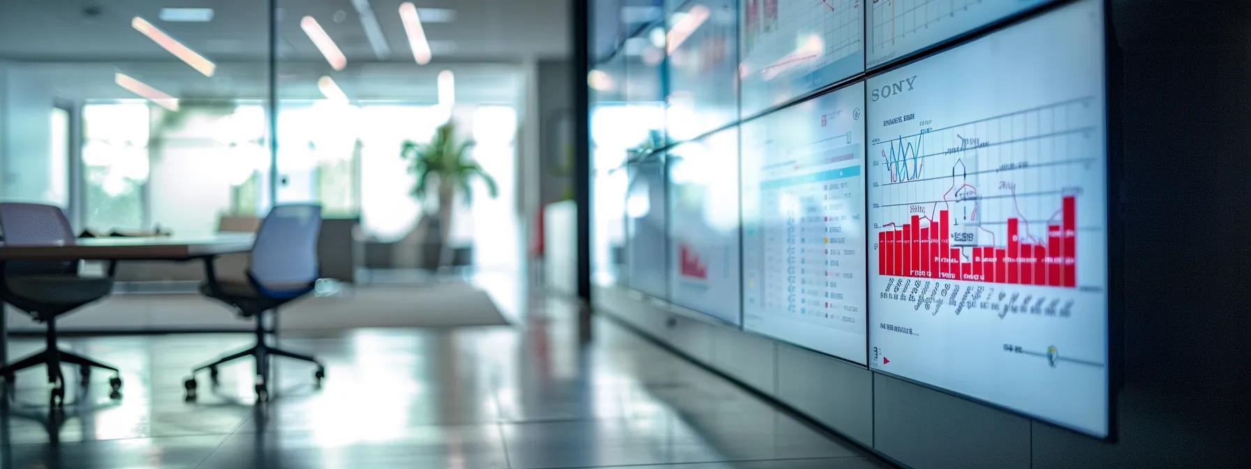 a sleek, modern office workspace featuring a digital display showcasing vibrant graphs and analytics, illustrating california insurance marketing strategies while highlighting engaging digital ads and localized content that connect with local consumers.