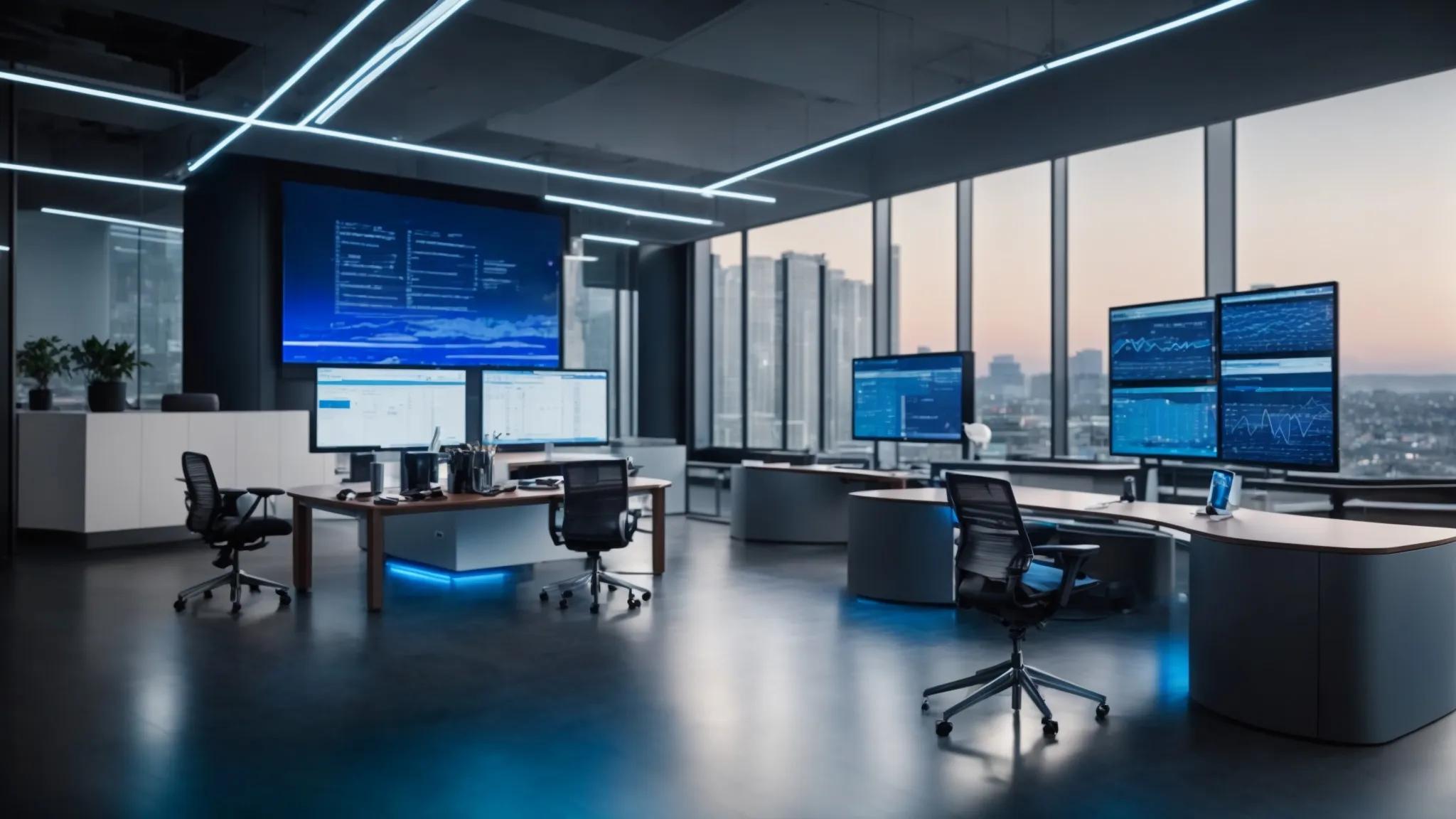 a sleek, modern office workspace filled with digital screens displaying dynamic seo analytics and machine learning data, illuminated by energetic blue and white lighting to emphasize a high-tech atmosphere of continuous optimization and innovation.
