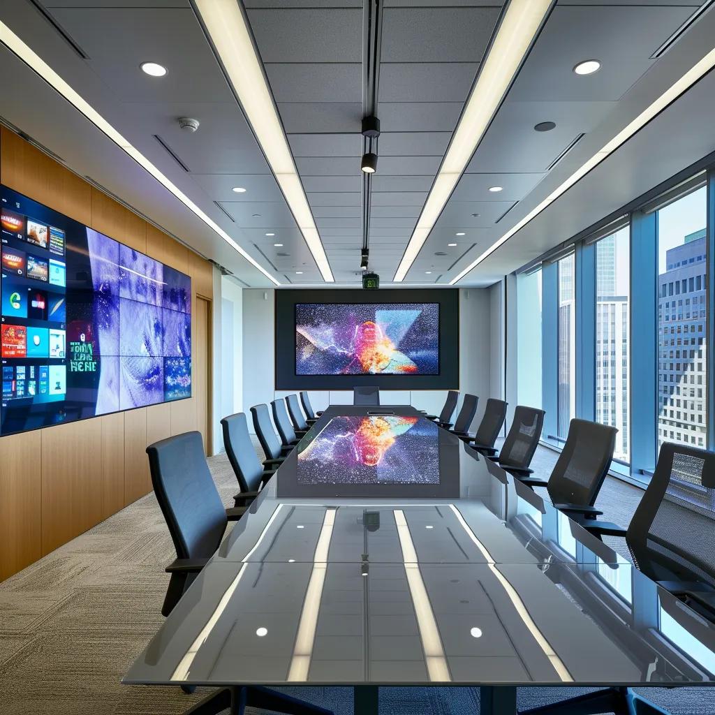 a sleek, modern office workspace showcases state-of-the-art video conferencing equipment prominently displayed on a polished conference table, illuminated by bright overhead lighting and featuring a backdrop of dynamic digital displays.