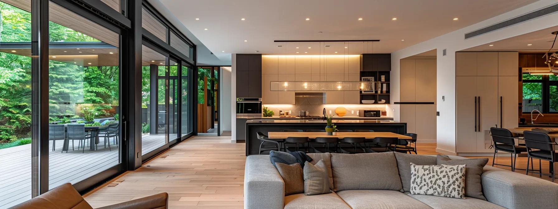 a sleek, modern open-concept living space showcases an elegant blend of smart home technology and high-quality finishes, featuring seamless connections between the kitchen, dining, and living areas, illuminated by warm, ambient lighting that highlights custom millwork and a minimalist aesthetic. a sleek, modern open-concept living space showcases an elegant blend of smart home technology and high-quality finishes, featuring seamless connections between the kitchen, dining, and living areas, illuminated by warm, ambient lighting that highlights custom millwork and a minimalist aesthetic.