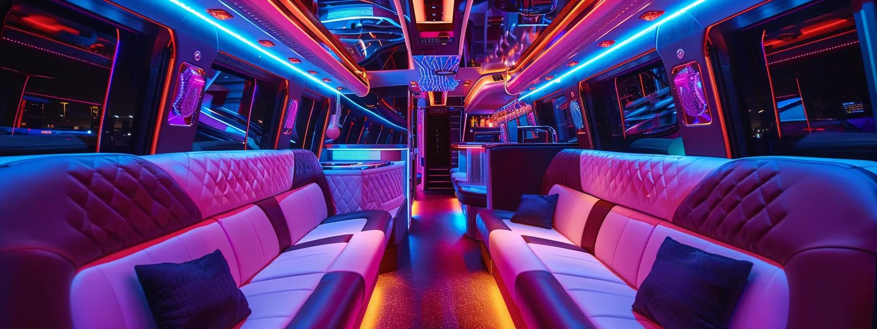 a sleek, modern party bus interior is vividly illuminated with vibrant led lights, elegantly showcasing plush seating arrangements and a stylish bar, capturing the essence of luxury transportation for celebratory events. a sleek, modern party bus interior is vividly illuminated with vibrant led lights, elegantly showcasing plush seating arrangements and a stylish bar, capturing the essence of luxury transportation for celebratory events.