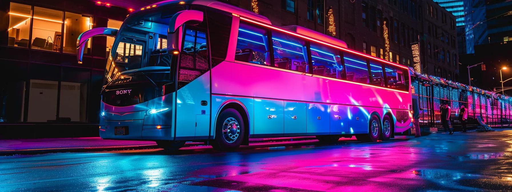 a sleek, modern party bus stands parked in a vibrant urban setting, illuminated by colorful lights, emphasizing the importance of selecting the right size for a successful event.