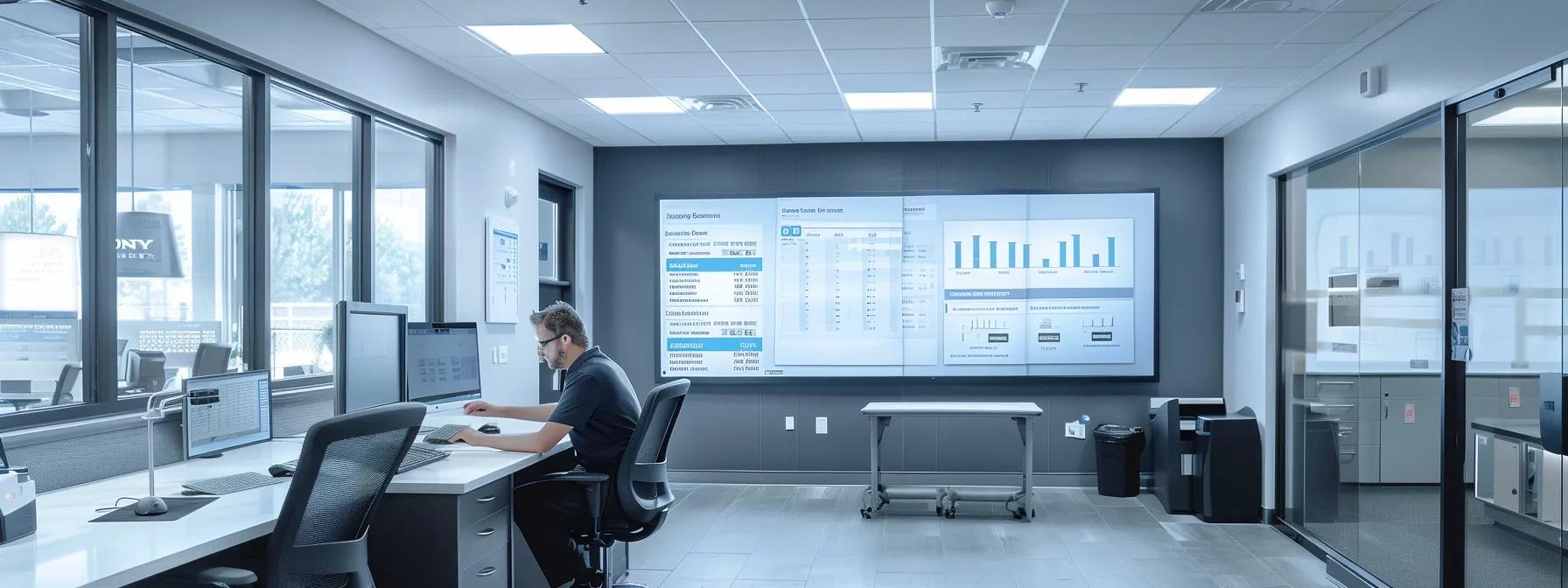 a sleek, modern pest control office with a large digital screen displaying an infographic on rodent control pricing, featuring a confident technician discussing customized service options with a business owner in a well-lit, professional environment.