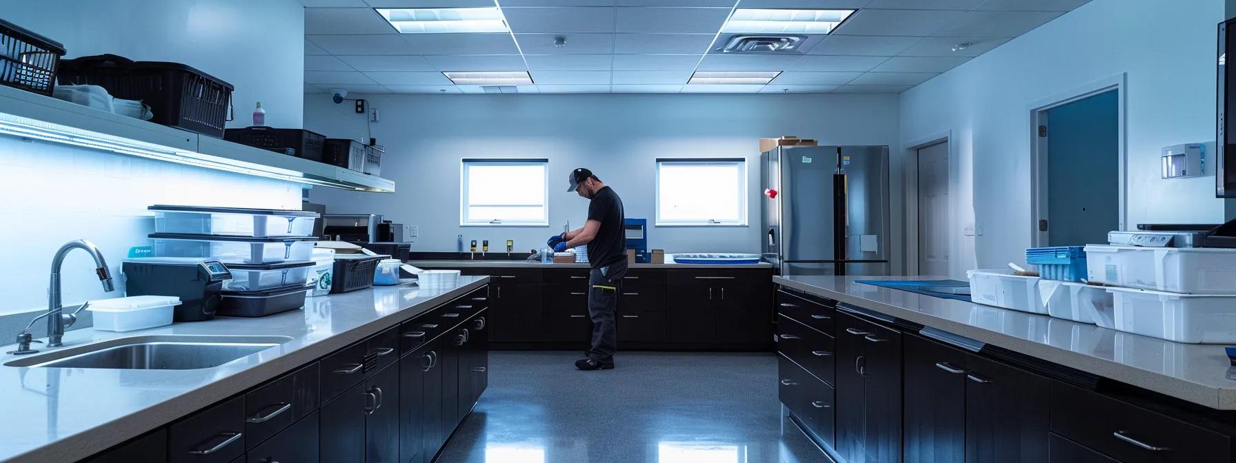 a sleek, modern pest control office features a professional technician meticulously setting up an array of high-tech traps and bait stations on a polished countertop, brightly illuminated by overhead lights, emphasizing the effective and strategic approach to mice control in rhode island.
