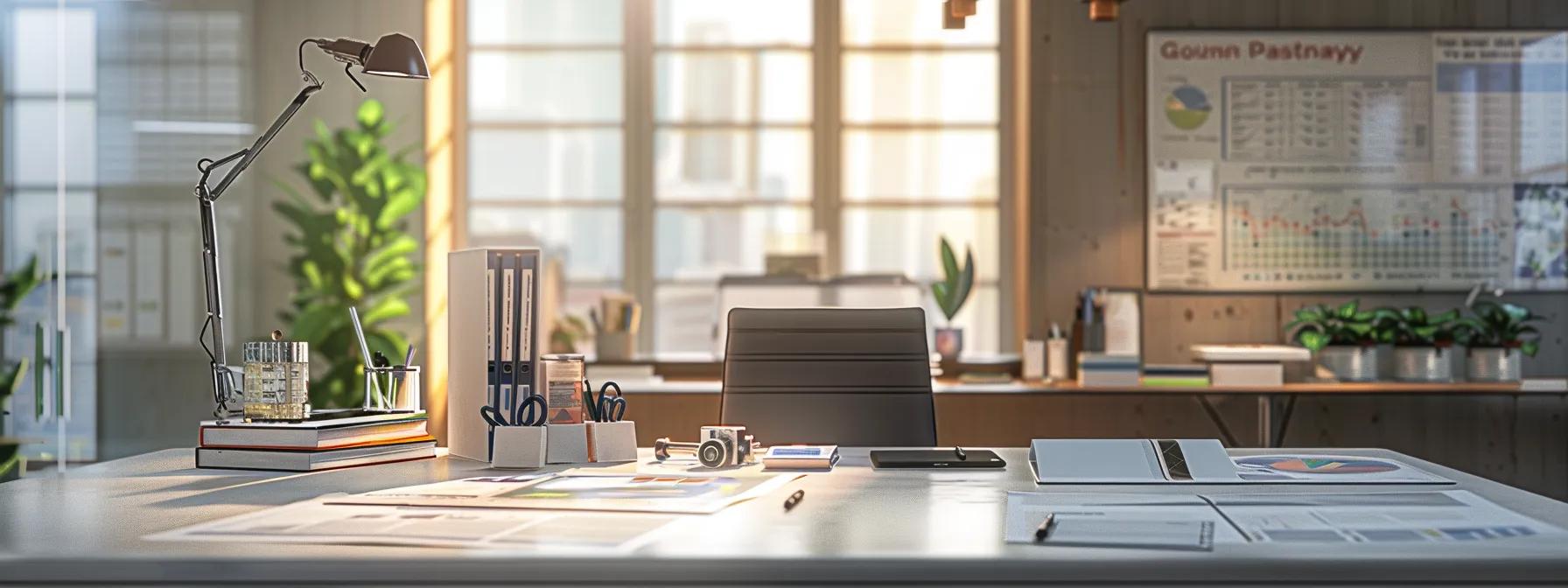 a sleek, modern pest control office showcases a well-organized workspace with professional-grade rodent traps prominently displayed on a polished desk, surrounded by brochures on integrated pest management strategies and a strategic map highlighting high-risk areas.
