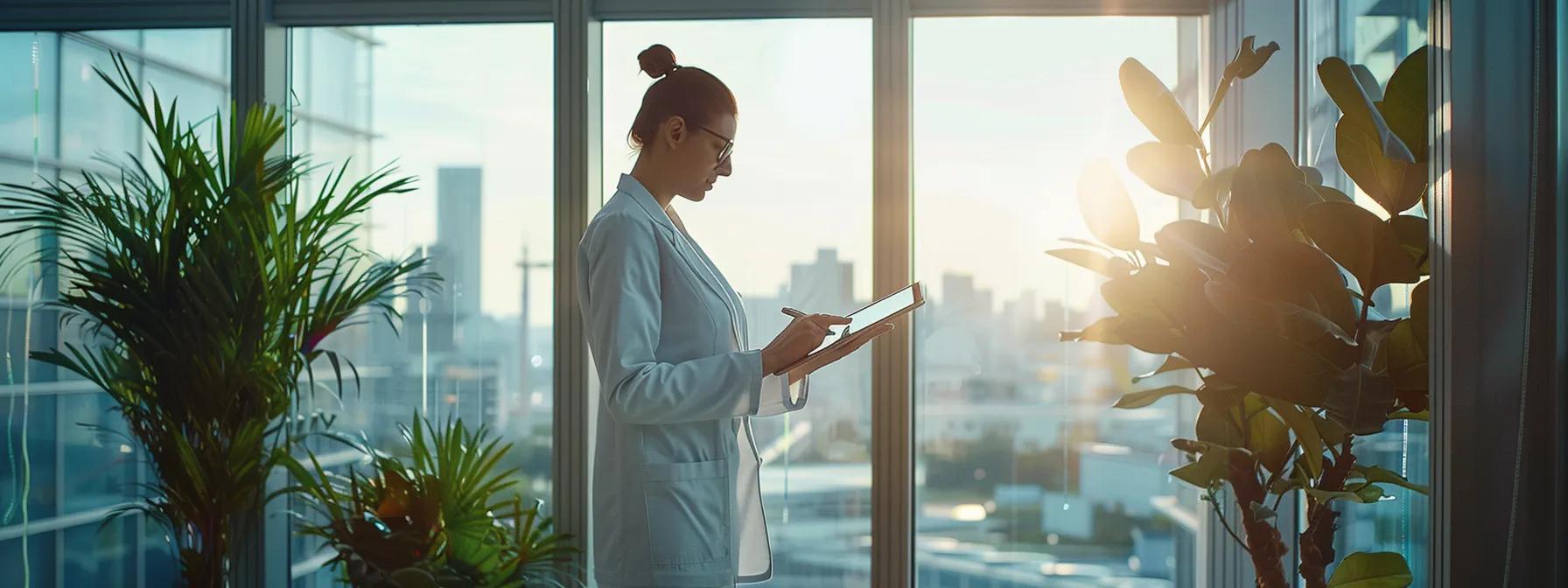 a sleek, modern pest control office features a confident technician analyzing a detailed rodent inspection report on their high-tech tablet, surrounded by professional equipment and a city skyline visible through large windows, symbolizing effective and efficient rodent control solutions.