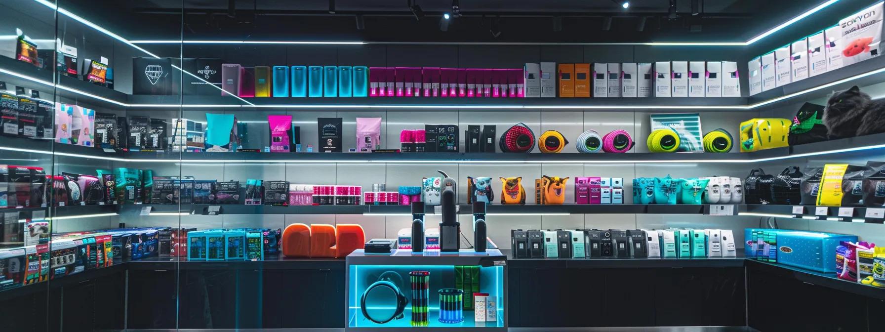 a sleek, modern pet store display showcases an array of advanced cat laser toys with vibrant labels highlighting their safety features, set against a polished urban backdrop that emphasizes a commitment to pet wellbeing. a sleek, modern pet store display showcases an array of advanced cat laser toys with vibrant labels highlighting their safety features, set against a polished urban backdrop that emphasizes a commitment to pet wellbeing.