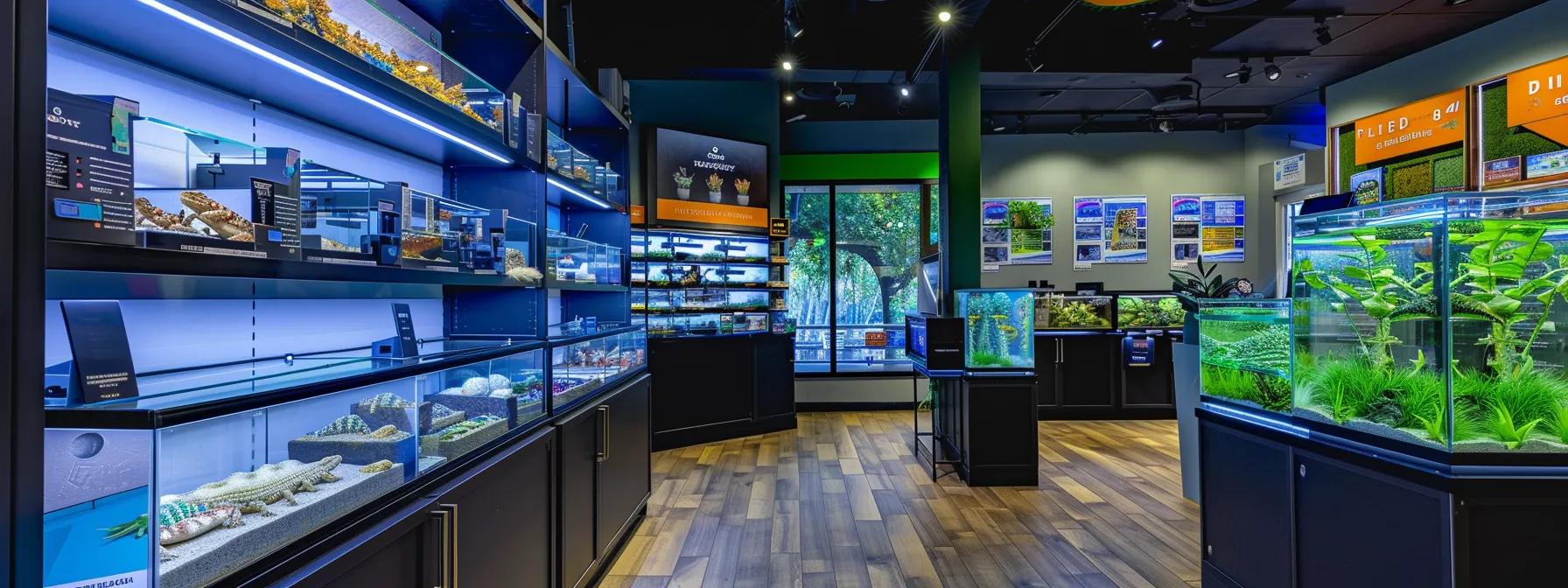 a sleek, modern pet store interior showcases various advanced humidity control products for bearded dragons, featuring digital hygrometers and automated humidifiers elegantly displayed with bright, clear labels under vibrant display lighting. a sleek, modern pet store interior showcases various advanced humidity control products for bearded dragons, featuring digital hygrometers and automated humidifiers elegantly displayed with bright, clear labels under vibrant display lighting.