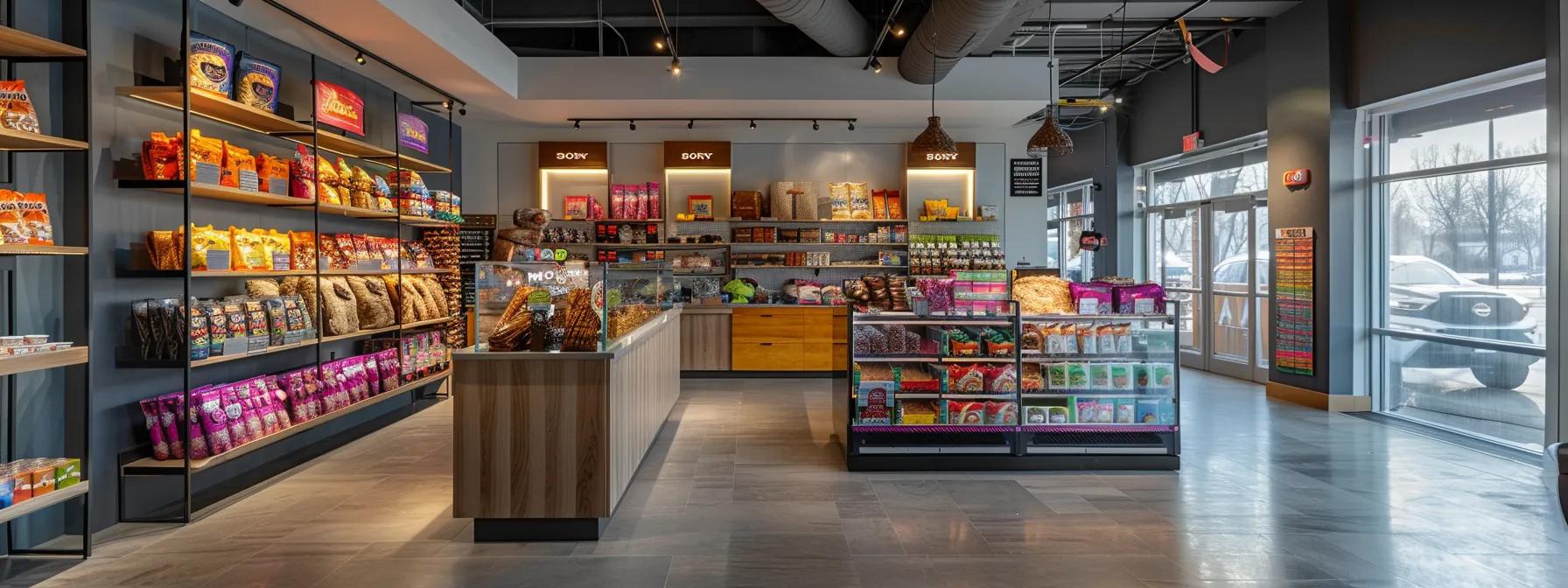 a sleek, modern pet store interior showcases an array of colorful, well-organized rawhide chews prominently displayed, with clear packaging emphasizing transparency and high-quality ingredients, inviting pet owners to make informed choices for their dogs' health and safety.