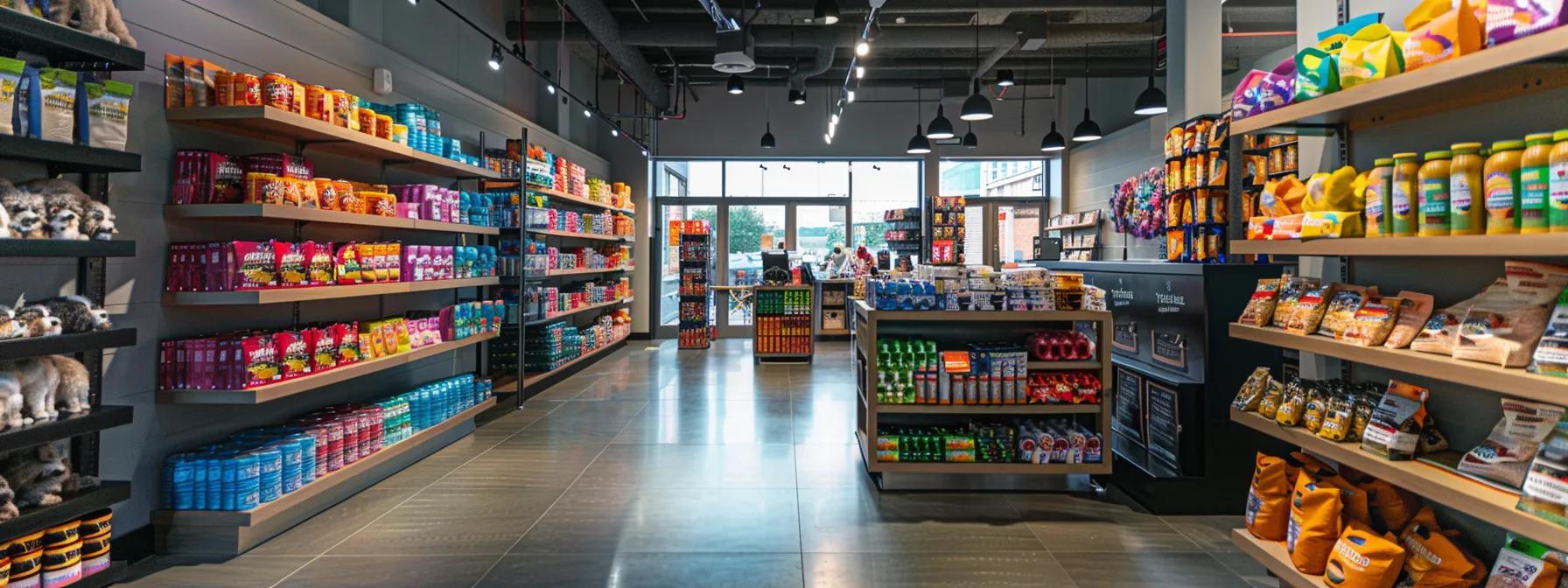 a sleek, modern pet supply store interior showcases shelves filled with brightly colored dog chew toys prominently, featuring well-organized displays of kong, nylabone, benebone, and west paw products, all accentuated by clear signage highlighting customer satisfaction ratings and product benefits. a sleek, modern pet supply store interior showcases shelves filled with brightly colored dog chew toys prominently, featuring well-organized displays of kong, nylabone, benebone, and west paw products, all accentuated by clear signage highlighting customer satisfaction ratings and product benefits.