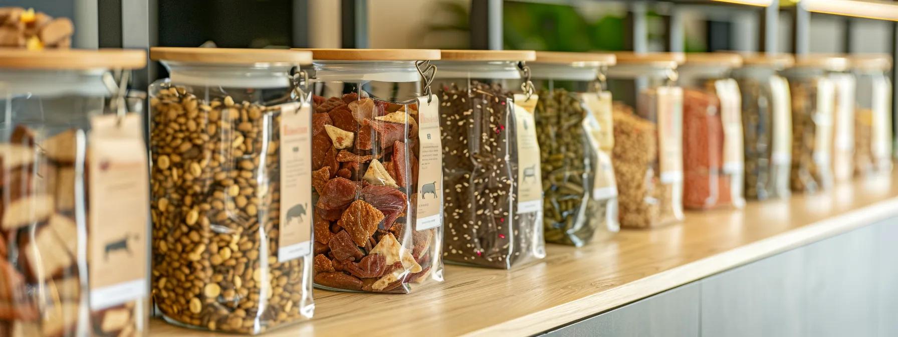 a sleek, modern pet treat packaging display showcases a variety of freeze-dried protein sources like beef, chicken, liver, and tripe against a minimalistic, polished office backdrop, emphasizing nutritional benefits and gourmet appeal. a sleek, modern pet treat packaging display showcases a variety of freeze-dried protein sources like beef, chicken, liver, and tripe against a minimalistic, polished office backdrop, emphasizing nutritional benefits and gourmet appeal.