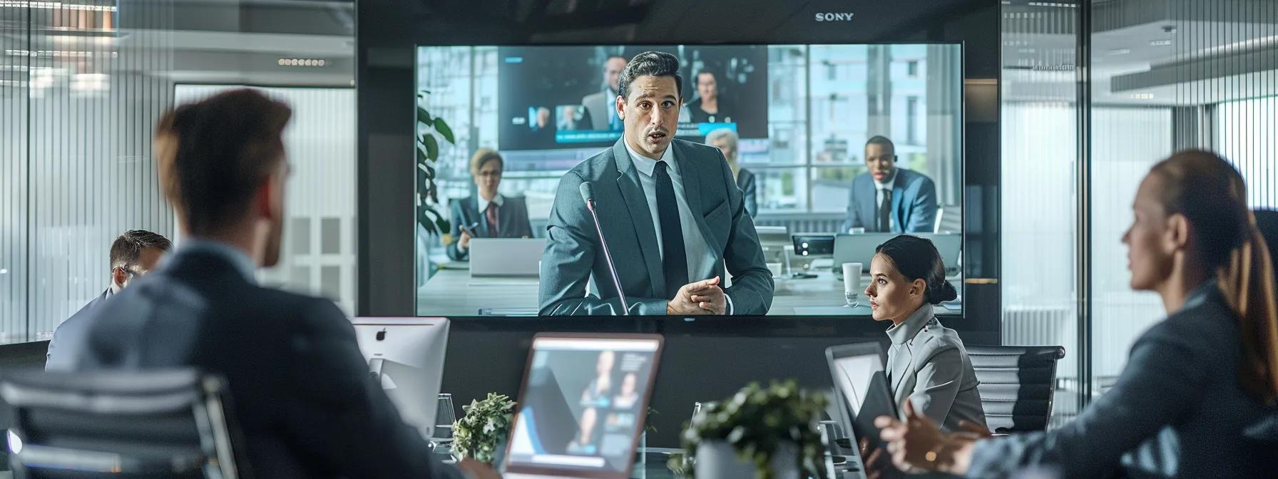 a sleek, modern pr agency office features a confident spokesperson rehearsing in front of a large screen displaying tv interview clips, with focused team members strategizing beside them, embodying professionalism and preparation for media exposure.