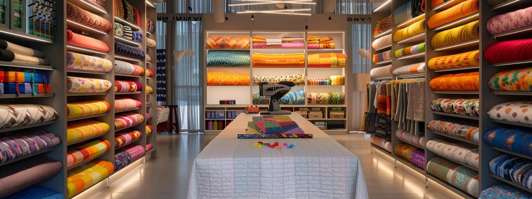 a sleek, modern quilting studio features a sophisticated long arm quilting machine at the center, surrounded by vibrant fabric rolls and meticulously crafted quilt patterns on display, all illuminated by bright, focused overhead lighting.