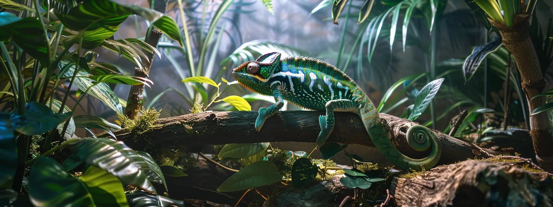 a sleek, modern reptile care facility showcases a vibrant veiled chameleon in a well-designed habitat, equipped with dynamic environmental features and a balanced diet setup, emphasizing best practices for maintaining a healthy temperament. a sleek, modern reptile care facility showcases a vibrant veiled chameleon in a well-designed habitat, equipped with dynamic environmental features and a balanced diet setup, emphasizing best practices for maintaining a healthy temperament.