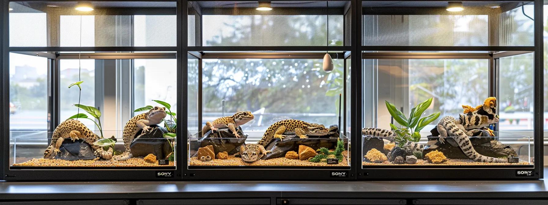 a sleek, modern reptile enclosure showcases various substrate options for leopard geckos, each carefully arranged to highlight their distinct textures and colors, set against a clean, brightly lit office backdrop that emphasizes the importance of habitat choice. a sleek, modern reptile enclosure showcases various substrate options for leopard geckos, each carefully arranged to highlight their distinct textures and colors, set against a clean, brightly lit office backdrop that emphasizes the importance of habitat choice.