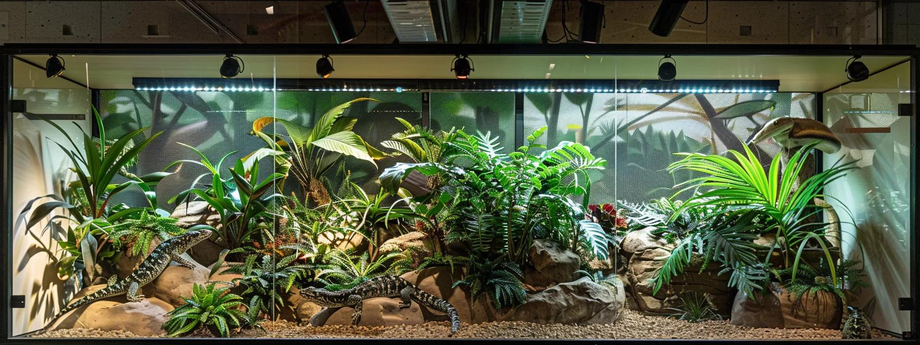 a sleek, modern reptile enclosure illuminated by a high-tech heat lamp and equipped with digital temperature controls showcases a variety of vibrant reptiles basking under optimal conditions. a sleek, modern reptile enclosure illuminated by a high-tech heat lamp and equipped with digital temperature controls showcases a variety of vibrant reptiles basking under optimal conditions.