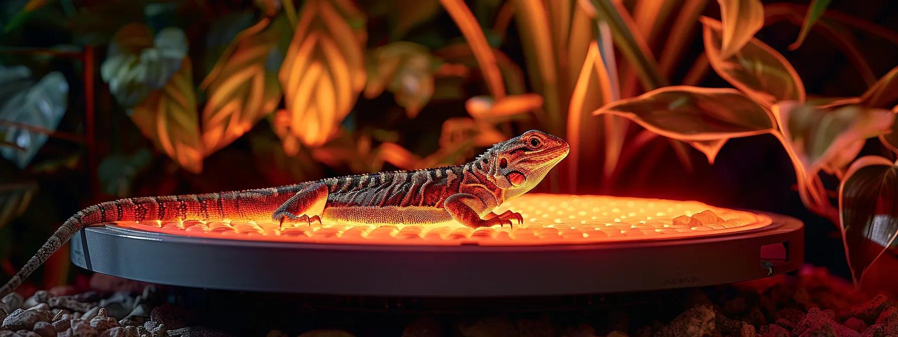 a sleek, modern reptile habitat is illuminated by a warm heat lamp and vibrant heat mat, showcasing a healthy lizard basking and engaging with its environment, emphasizing the critical role of temperature in reptile well-being. a sleek, modern reptile habitat is illuminated by a warm heat lamp and vibrant heat mat, showcasing a healthy lizard basking and engaging with its environment, emphasizing the critical role of temperature in reptile well-being.