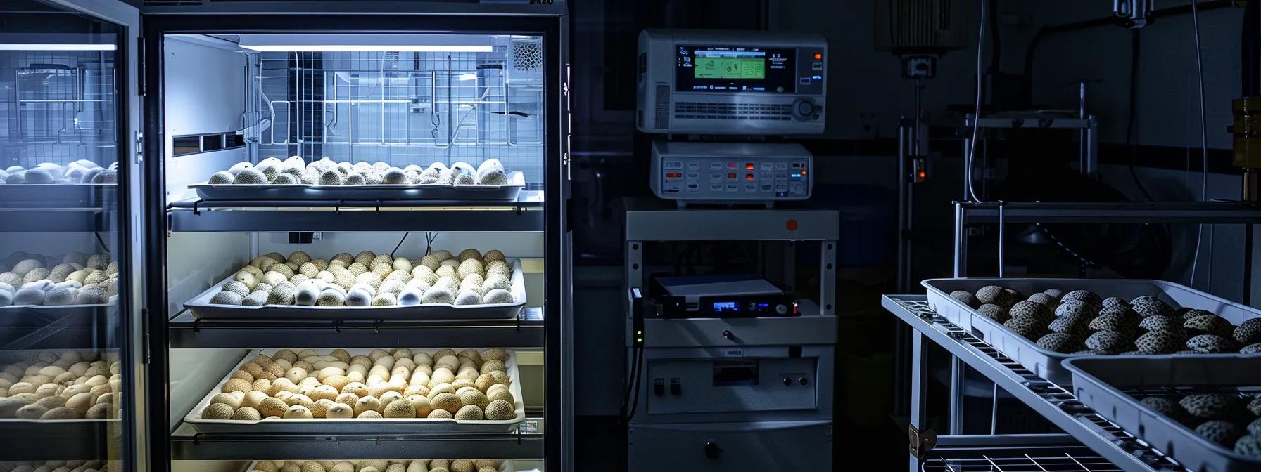 a sleek, modern reptile incubator is set up in a dimly lit lab, with digital displays showing precise temperature and humidity readings, surrounded by organized trays of reptile eggs nestled in incubation medium.